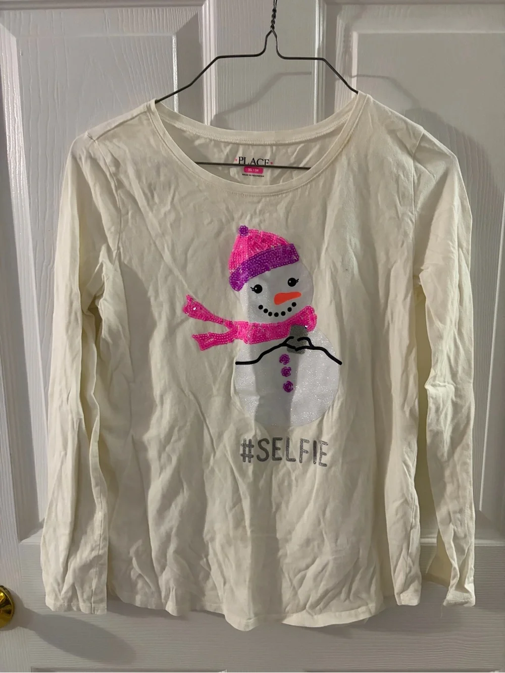 The Children's Place Cream Long-Sleeve Tee with Pink Glitter Snowman